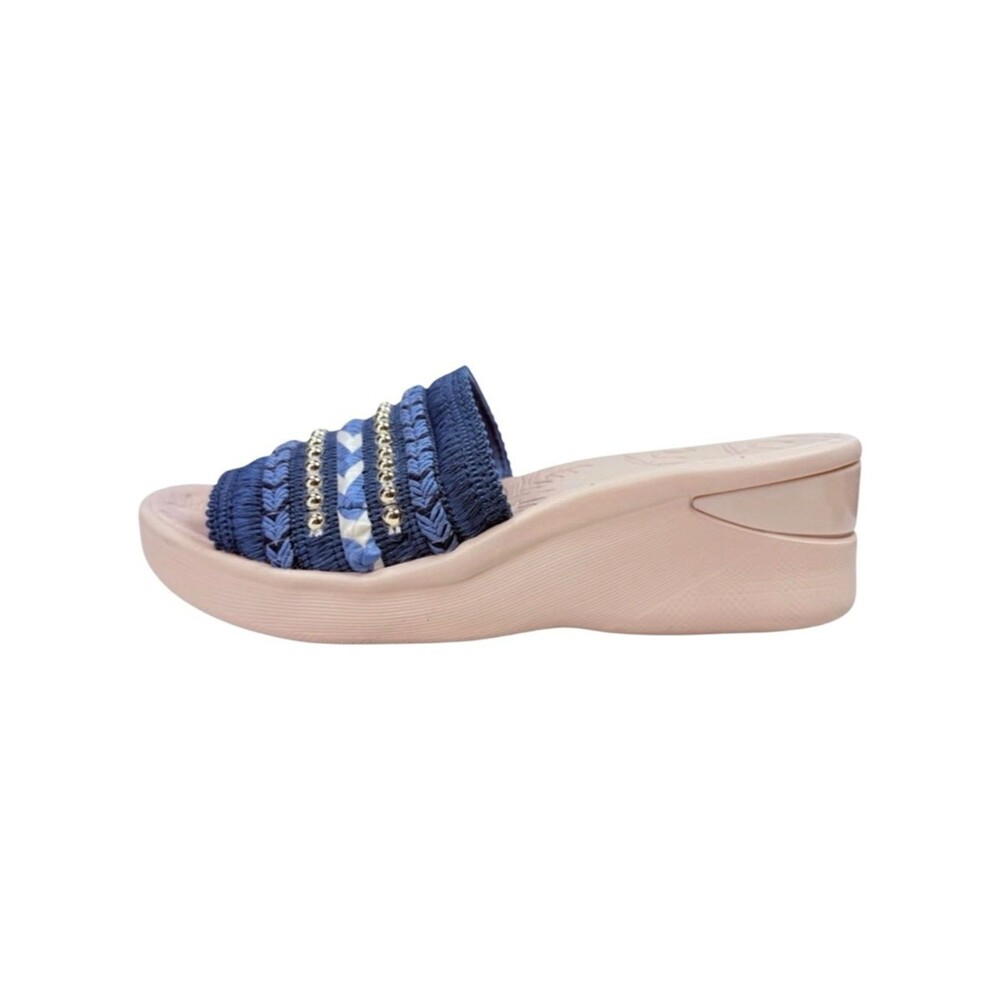 BZees Sunshine Beaded Wedge Slide Sandals Navy Blue Size 5 Boho Coastal Resort